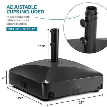 maple99 Umbrella Base - Fillable Umbrella Pole Holder 2 Knobs, with Heavy Duty Windproof Design for Patio, Deck, Poolside, Garden. 4 Wheels, 2 Locks, Holds 125 lbs, Classic Black