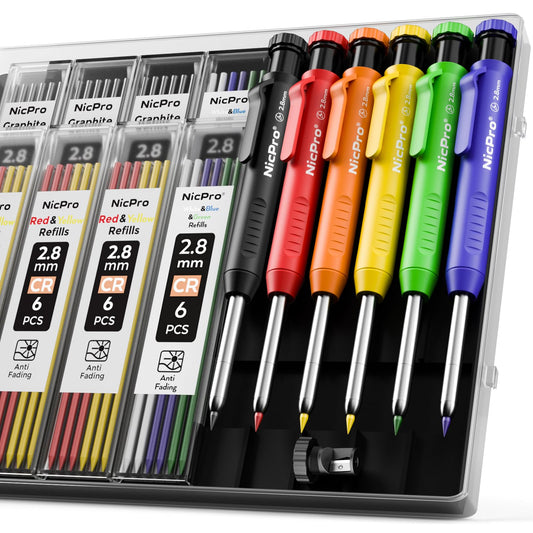 Nicpro 6 Pack Carpenter Pencil with Sharpener,Mechanical Pencils Set 54PCS Refills(Black,Red,Yellow,Blue,Green,White) Deep Hole Marker Construction Heavy Duty Woodworking -With Case