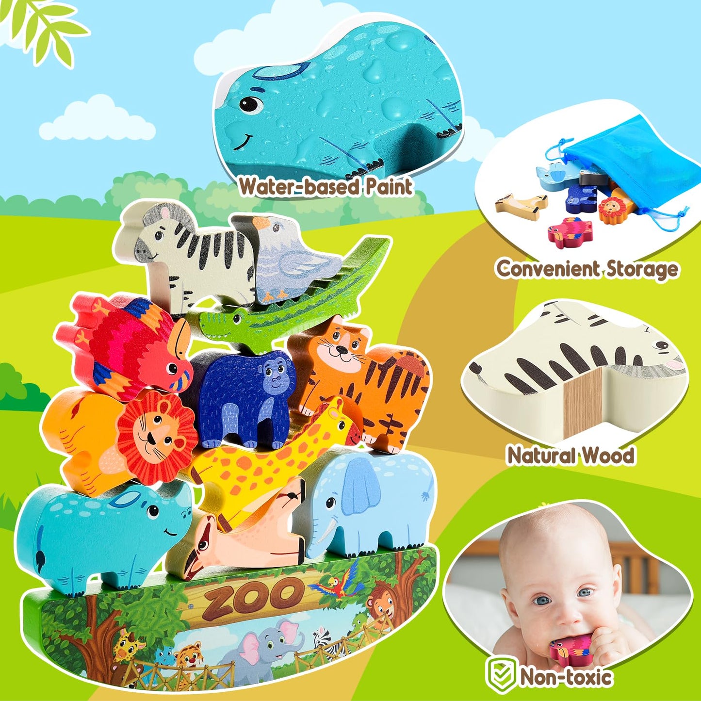 IPOURUP Animals Montessori Toddler Toys 3 4 5 6 7 8 Year Old Boys Girls Wooden Animal Blocks Stacking Toy Kids Birthday Gifts for Boy Girl Age 3-7 Educational Toys Fine Motor Balance Game