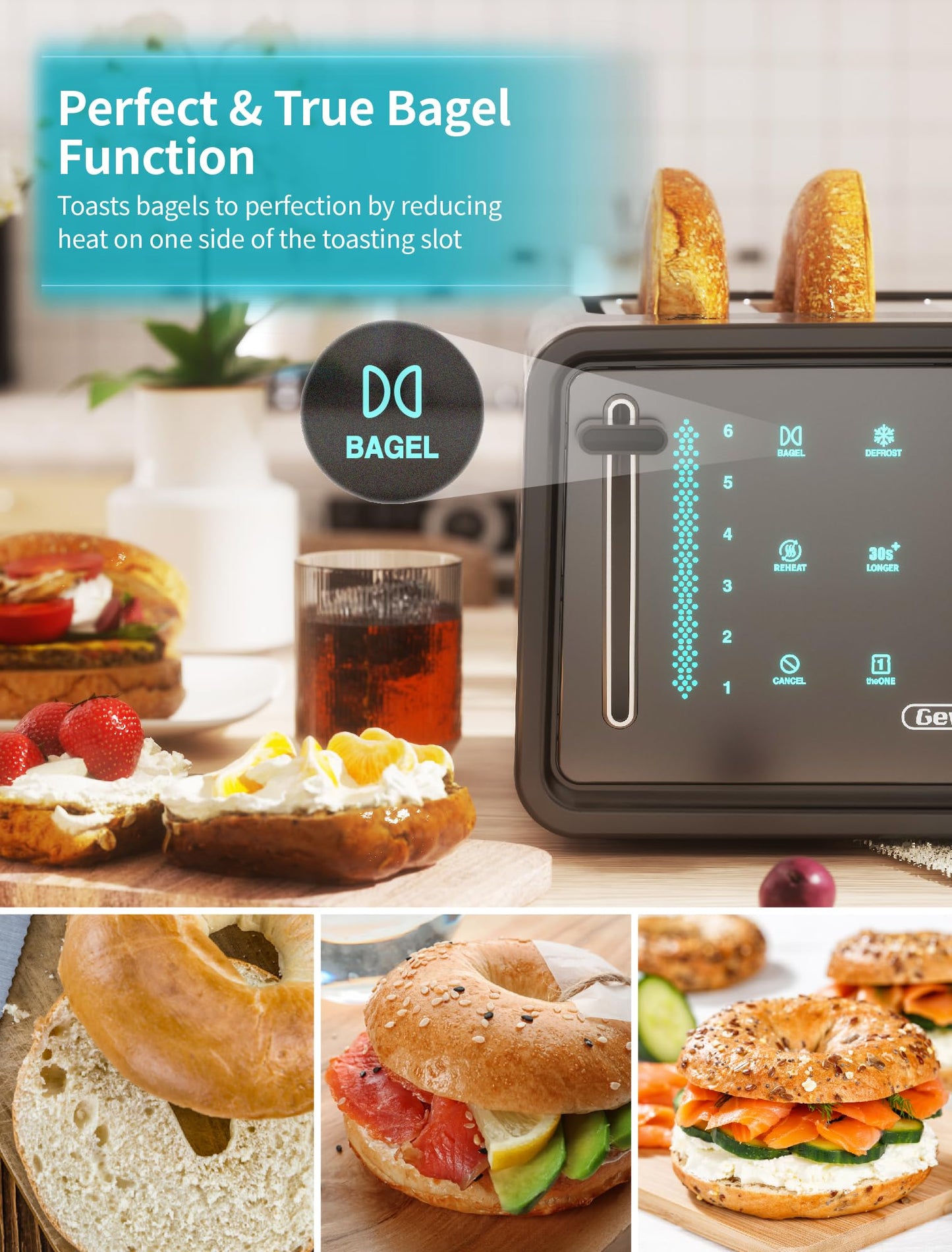 Gevi Toaster 4 Slice,Led Display Touchscreen Bagel Toaster with Dual Control Panels of Bagel/Reheat/Defrost/Cancel/Toasting One Slice/Longer Function,6 Shade Setting