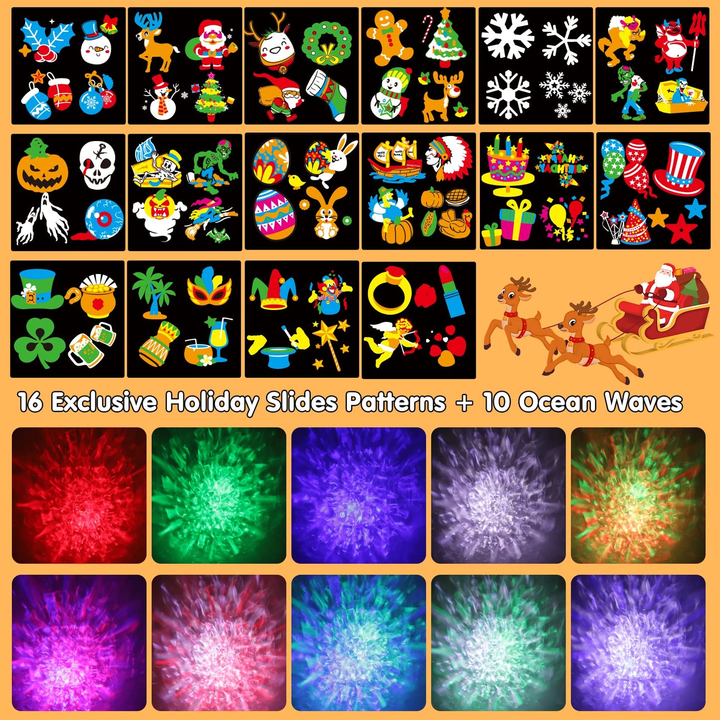 Ocean Wave Christmas Projector Lights, Elec3 16 Slides 2 in 1 Pattern Projection Lights, Decoration Landscape Lights Used Outdoor Indoor for Holidays, Halloween, Parties,Birthday