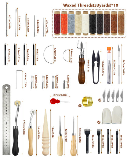 PLANTIONAL Leather Working Tools for Beginners: Professional Leather Craft Kit with Waxed Thread Groover Awl Stitching Punch for Leathercraft Adults Gifts 02