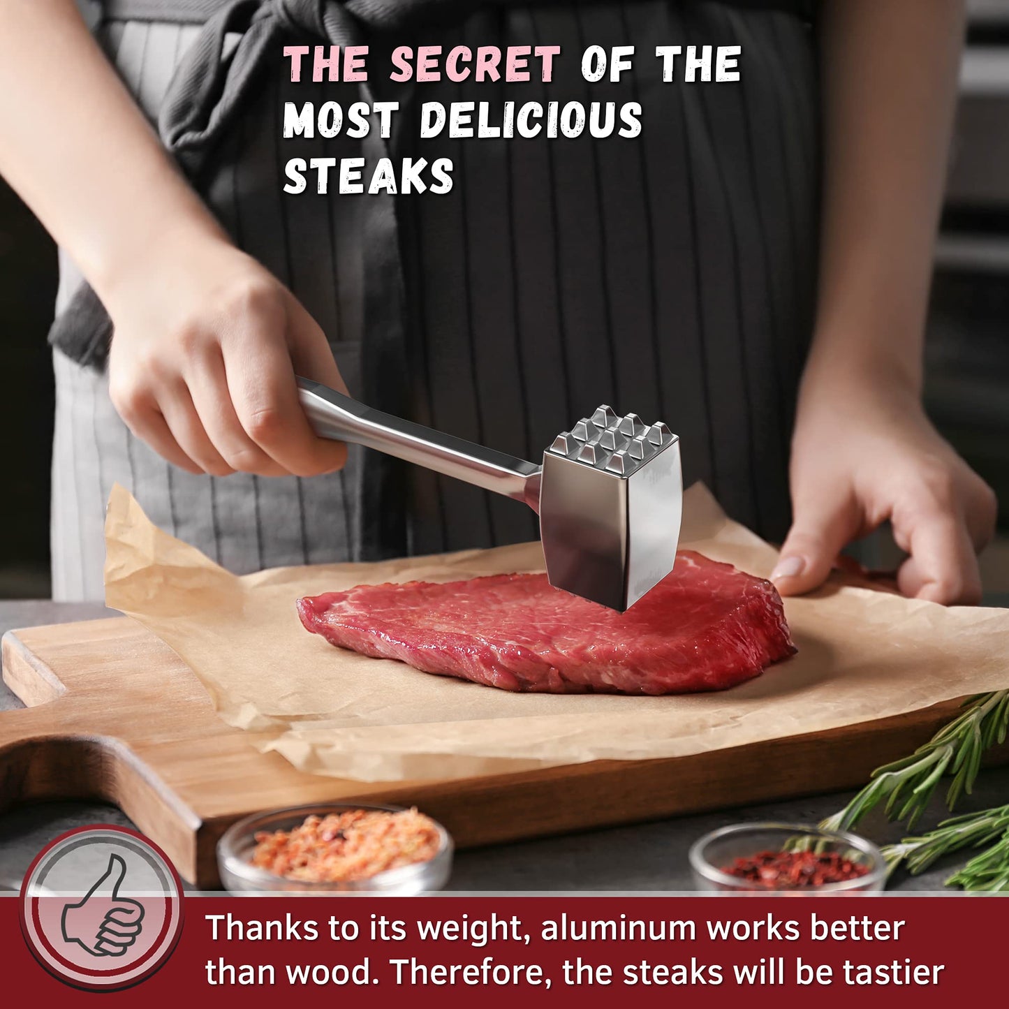 Meat Tenderizer 1 pcs Aluminium Mallet Dual-Sided - Tenderizer Tool Kitchen Pounder - Home Hammer for Tenderizing Ice Steak Stainless Veal & Chicken Safe Beater 1309479