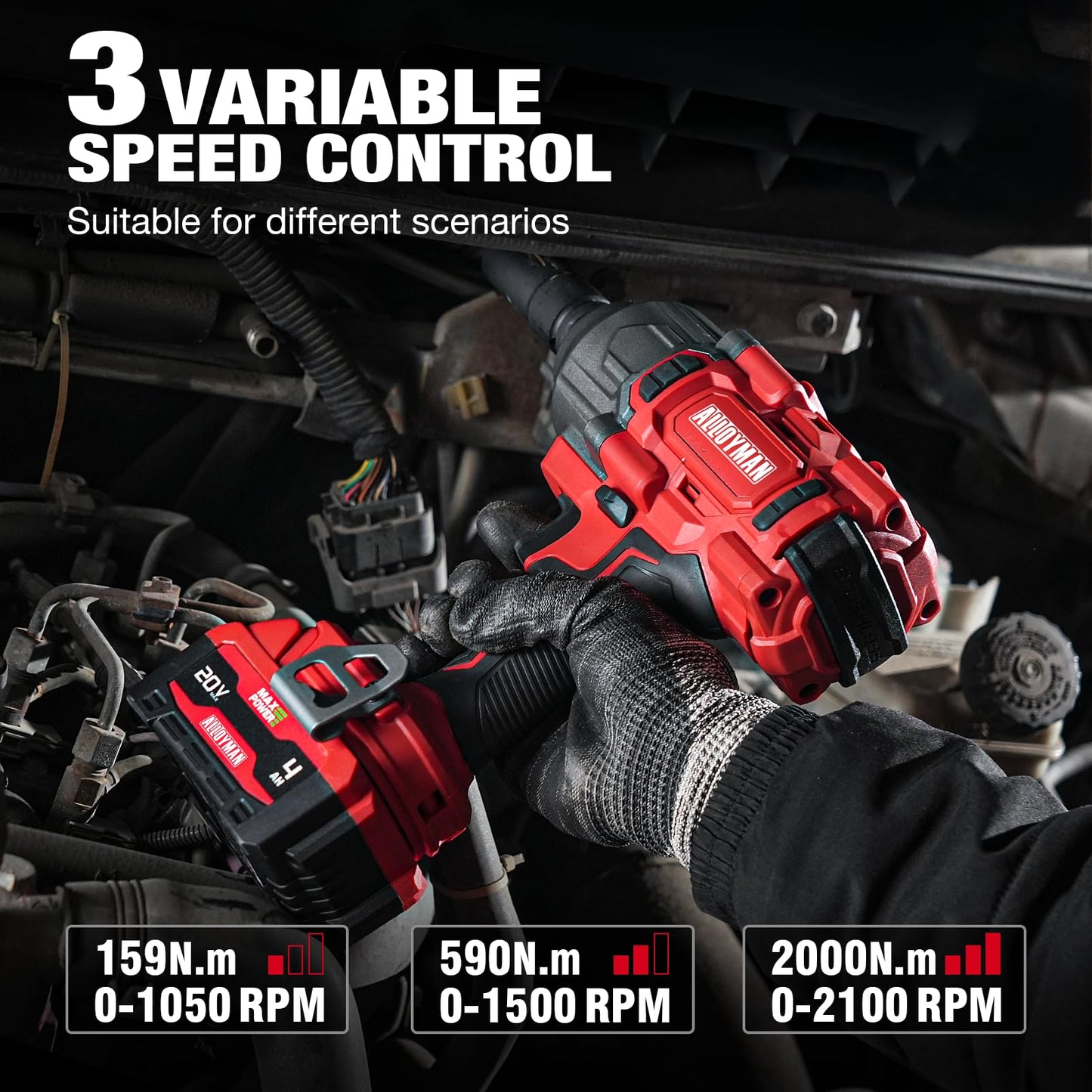 Alloyman Cordless Impact Wrench, 1475Ft-lbs (2000N.m) 1/2 High Torque Brushless Impact Gun, 20V Power Impact Driver, 4000mAh Battery,3 Sockets, Brushless Motor Variable Speeds for Car/Truck RV/Mower