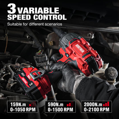 Alloyman Cordless Impact Wrench, 1475Ft-lbs (2000N.m) 1/2 High Torque Brushless Impact Gun, 20V Power Impact Driver, 4000mAh Battery,3 Sockets, Brushless Motor Variable Speeds for Car/Truck RV/Mower