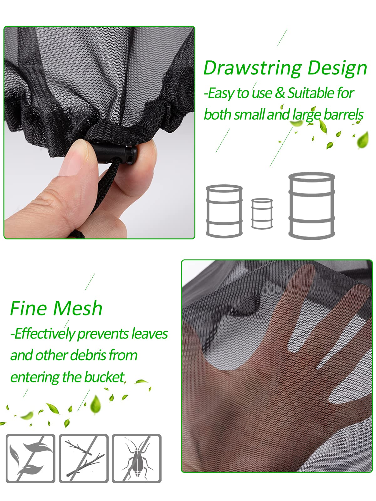 Mesh Cover for Rain Barrels - 2pcs 39in Rain Barrel Netting with Drawstring, Water Collection Buckets Tank Protector Screen for Preventing Fallen Leaves in Outdoor Garden Eaves