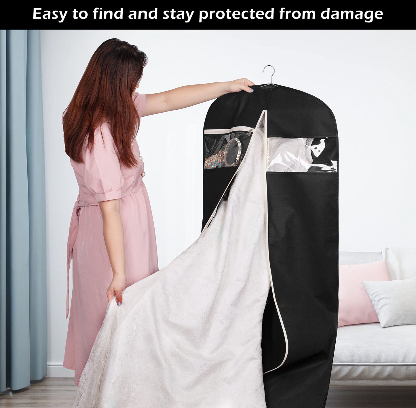 MISSLO 70" Bridal Wedding Gown Dress Garment Bag with Accessories Pouch Large Travel Garment Cover 8" Gusset (Back)