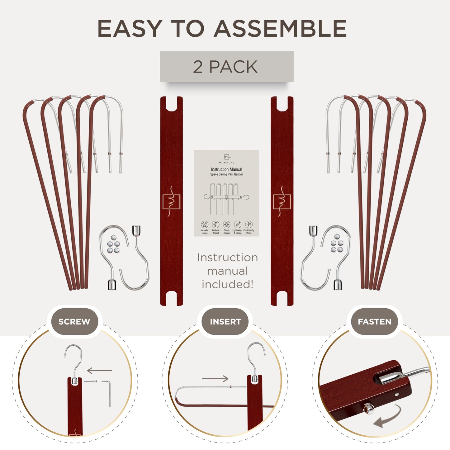 MORALVE Pants Hangers Space Saving - 2 Pack European Beechwood Scarf and Jean Hangers - Closet Organizer and Space Saver Pant Rack, Leggings Hanger, and Scarf Holder with 360° Swivel Hook