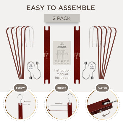 MORALVE Pants Hangers Space Saving - 2 Pack European Beechwood Scarf and Jean Hangers - Closet Organizer and Space Saver Pant Rack, Leggings Hanger, and Scarf Holder with 360° Swivel Hook
