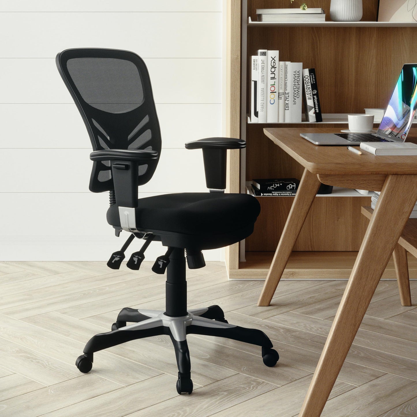 Flash Furniture Nicholas Mid-Back Swivel Desk Chair with Wheels, Mesh Back, Padded Seat, and Armrests, Adjustable Height Mesh Ergonomic Office Chair, Black