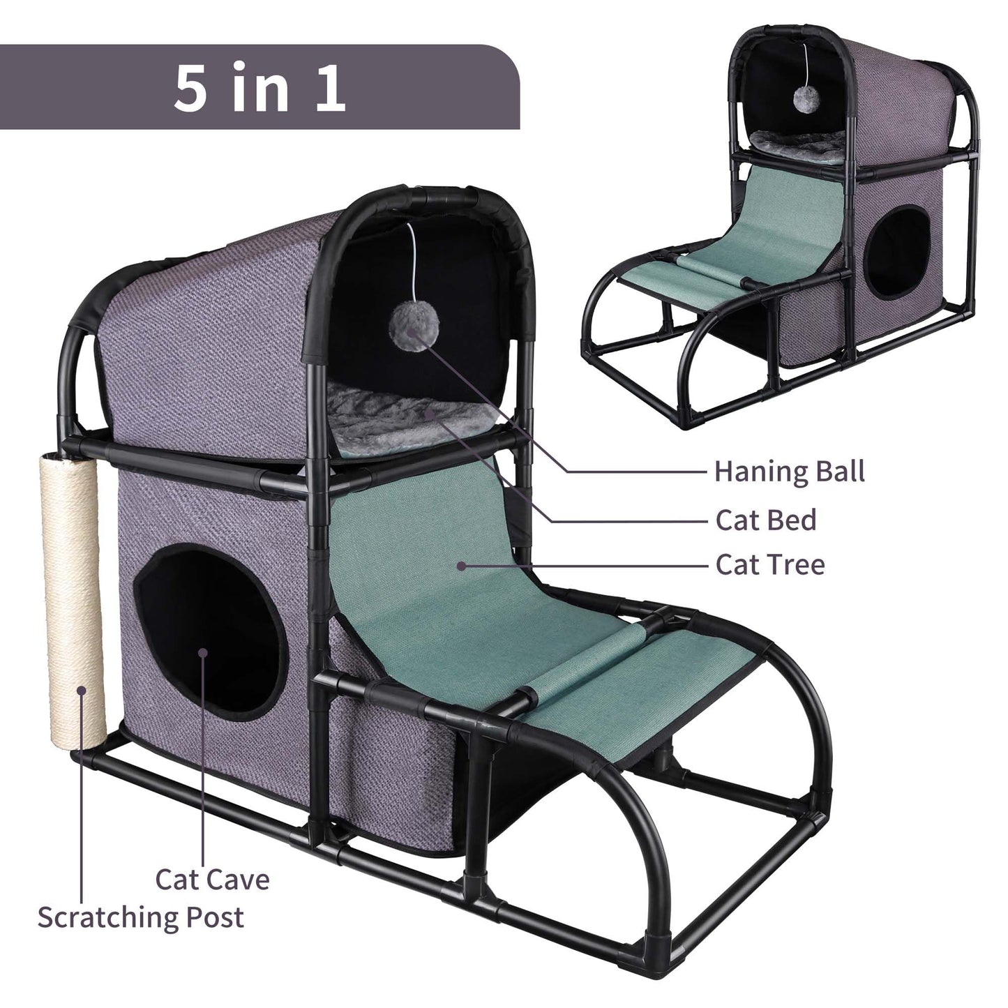 Goetland PVC Modern Cat Condo House Tree Medium Tower Bed Scratching Post Climber With Peek Hole and Dangling Ball for Kitty Indoors Dark Grey