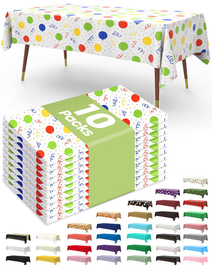 Pureegg Plastic Table Cloth Disposable 10 Pack, 54 x 108 Inch Table Cloths, Birthday Party Decorations, Picnic, White Tablecloths, Rectangle, Colorful, Rainbow Cover, Leakproof & Sturdy, Balloon