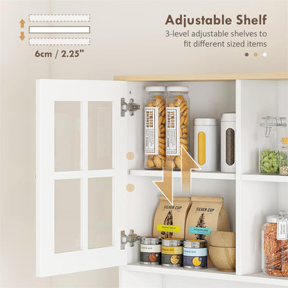 HOMCOM Kitchen Pantry Storage Cabinet, 72" Freestanding Cabinet with Hutch, Large Countertop, Glass Doors and Adjustable Shelves for Dining Room, White