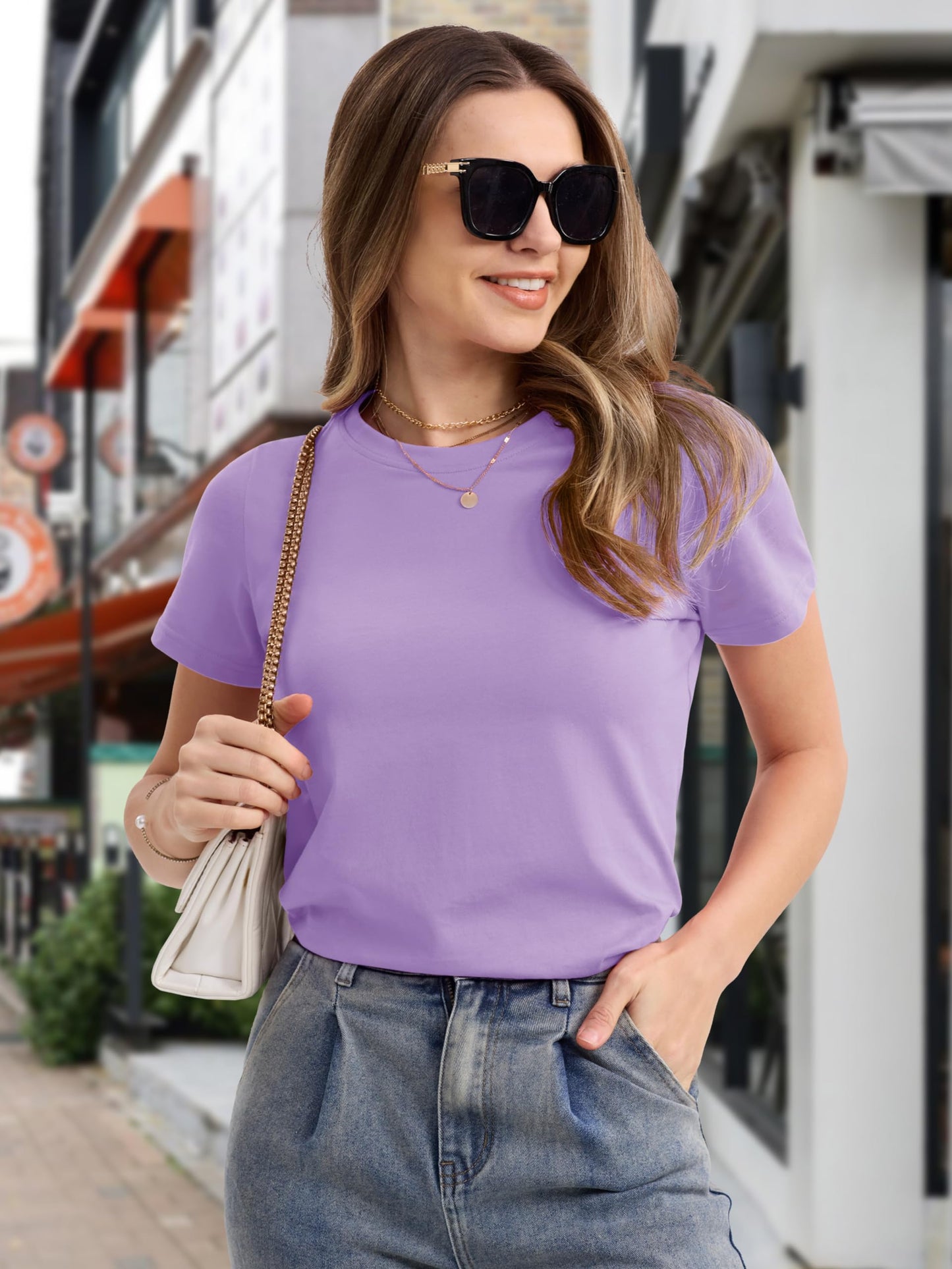 MAGCOMSEN Womens Crew Neck Shirts Short-Sleeve Casual Basic T-Shirt Classic-Fit Tops Cotton Breathable Tees, Light Purple, M