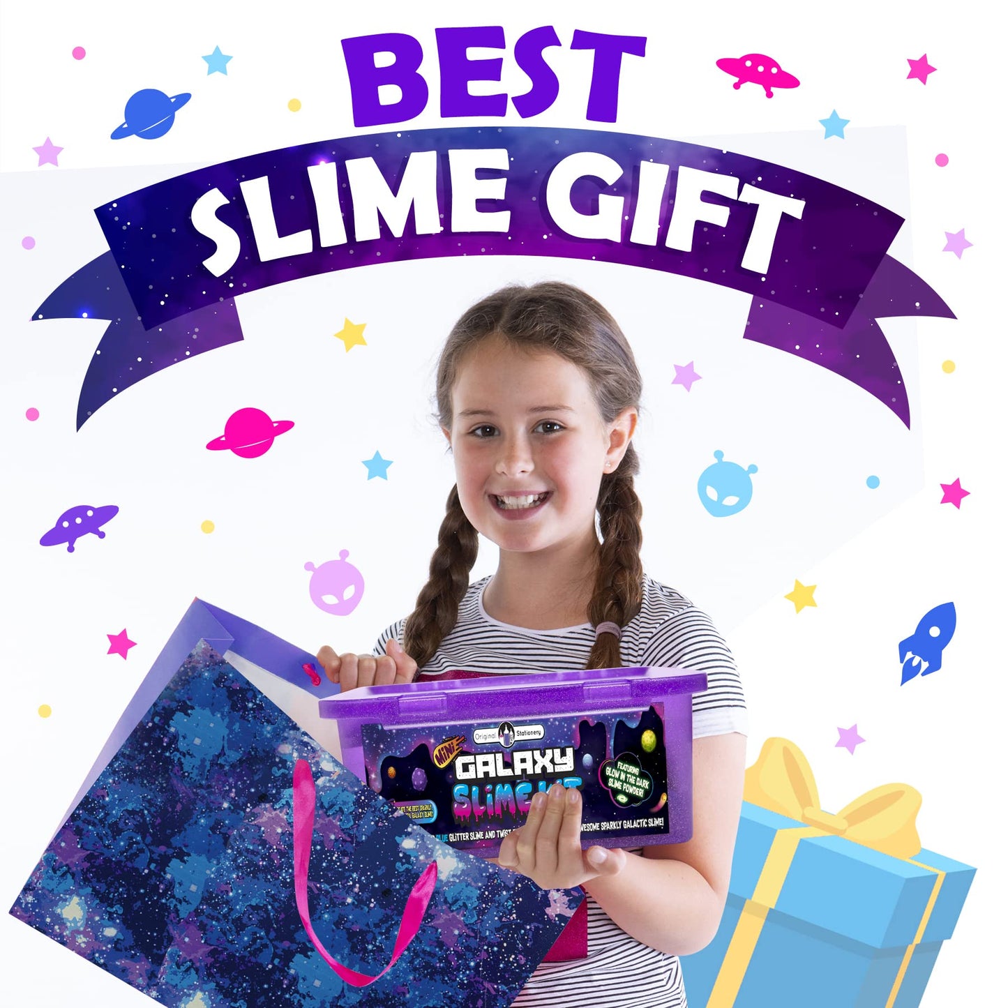 Original Stationery Galaxy Slime Kit - Box, Space Theme - Make Your Own Slime Kit with Glow-in-The-Dark Stars & Glitter Powders for Girls, Ages 8-12