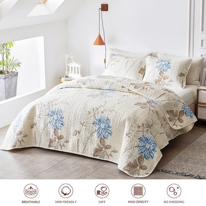Joyreap Floral Quilt Set California King- 102x114 inches, 3 Pieces Lightweight Microfiber Quilt, Elegant Flower Botanical Design, Bedspread Bed Cover for All Season, 1 Quilt and 2 Pillow Shams