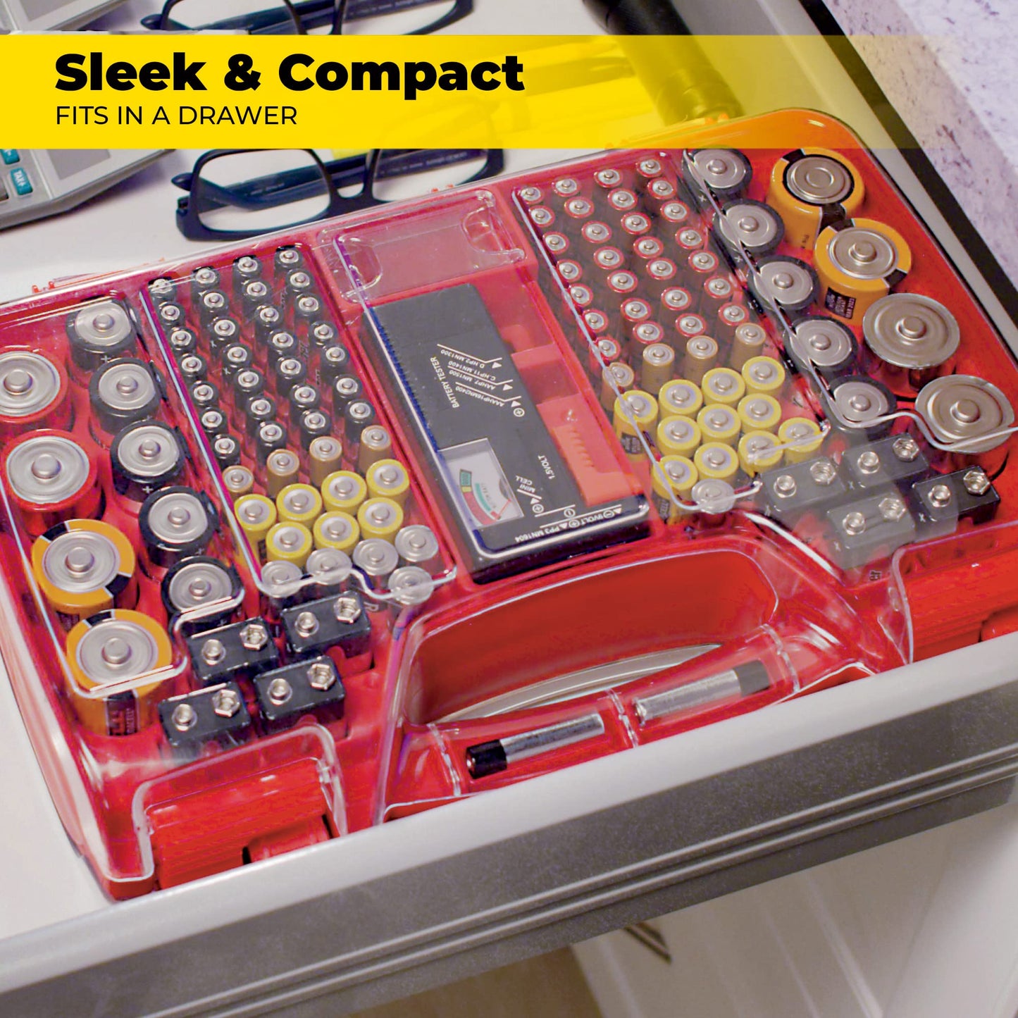 Ontel Battery Daddy Storage & Organizer Case with Tester, Stores & Protects Up to 180 Batteries, Double-Sided, Durable Design with Clear Locking Lid, Secure Latches & Portable Carrying Handle - Red