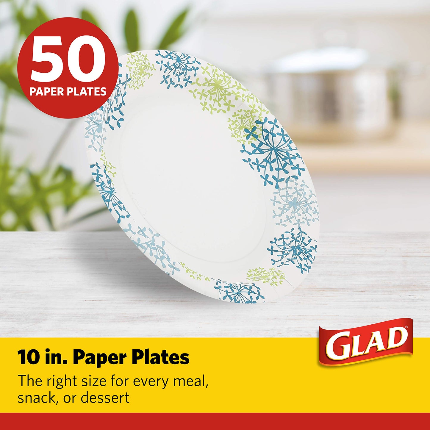 Glad Tabletop 10.25" Round Paper Plates in Blue Hydrangea; 50 Count (BB0100)
