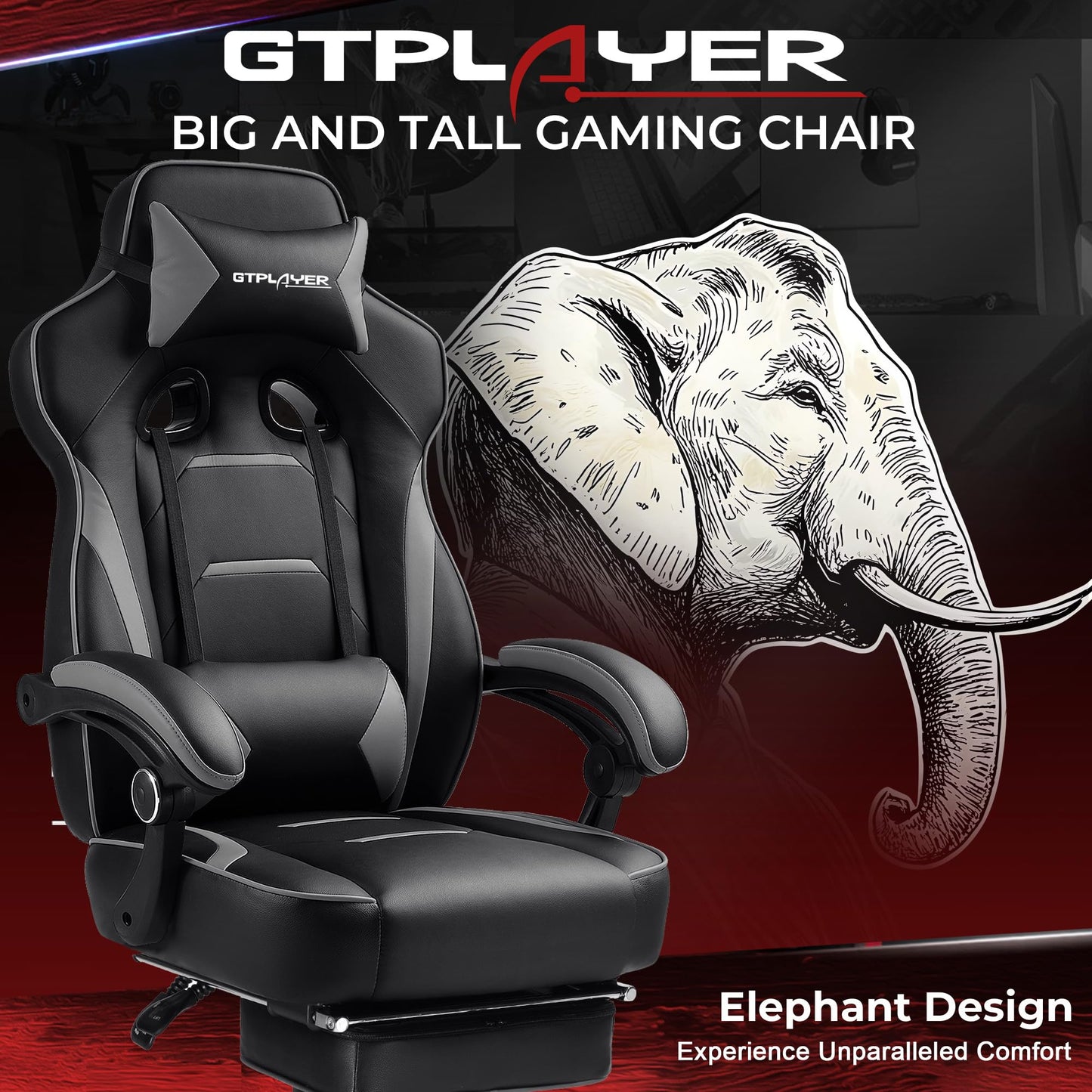 GTPLAYER Gaming Chair with Footrest, Big and Tall Computer Game Chair 350lb Racing Style, Ergonomic High Back Lumbar Support and Recliner, Moon Gray