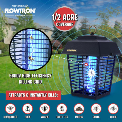 Flowtron Electric Bug Zapper 1/2 Acre Outdoor Insect Control with Dual Lure Method, 15W UV Light & Octenol Attractant for Fly & Mosquito, 5600V Kill Grid, Made in USA, UL Certified