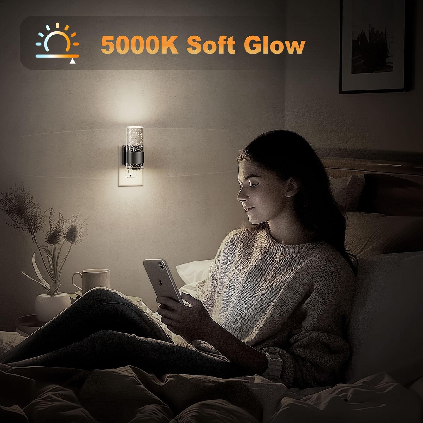 JandCase Night Light, Night Lights Plug into Wall,2 Pack LED Nightlight with Adjustable Brightness, 5000K，Automatic Night Light Plug in with Auto Light Sensor for Bathroom Hallway Room Decor