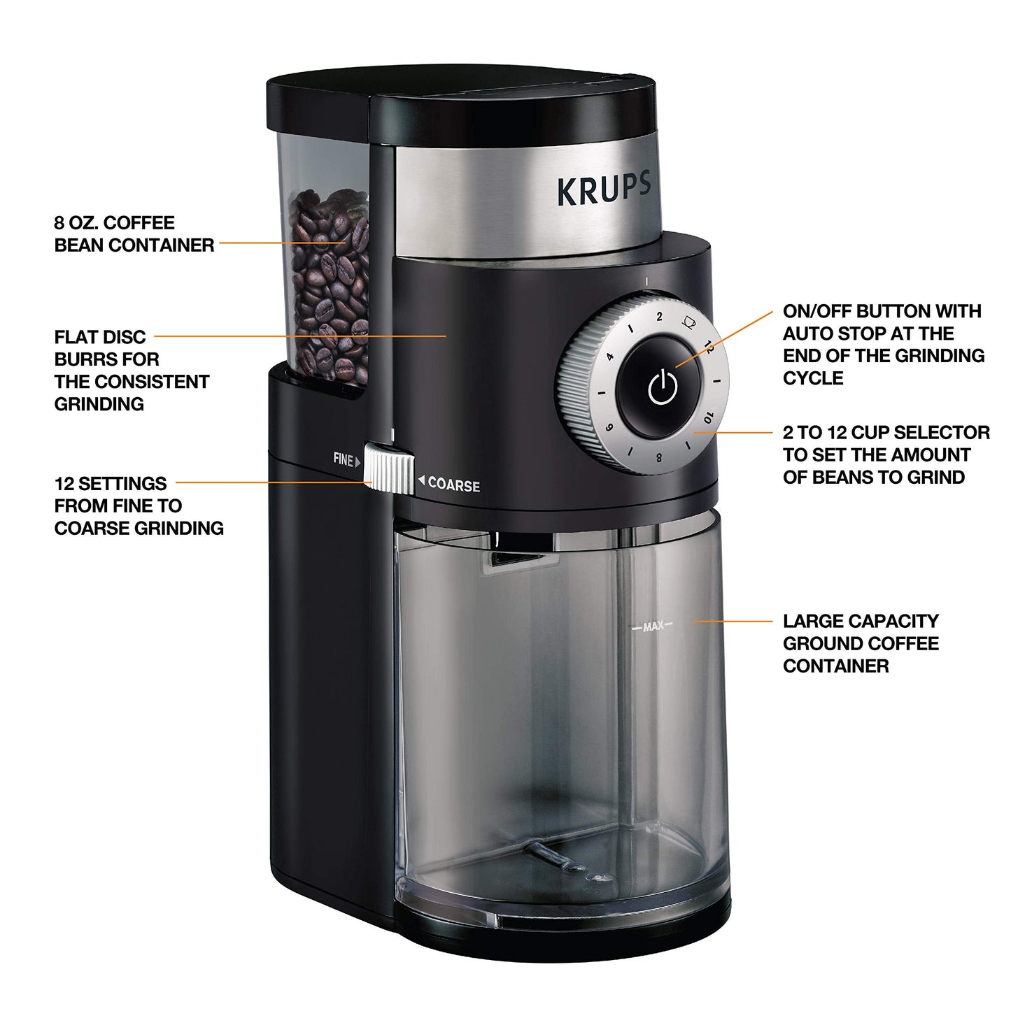 KRUPS Precision Burr Coffee Grinder: 12 Settings, 8 oz Capacity for Drip, French Press, Espresso, Pour Over, Cold Brew - Stainless Steel, 110W, Auto-Stop, Easy Clean