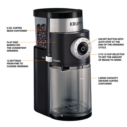 KRUPS Precision Burr Coffee Grinder: 12 Settings, 8 oz Capacity for Drip, French Press, Espresso, Pour Over, Cold Brew - Stainless Steel, 110W, Auto-Stop, Easy Clean