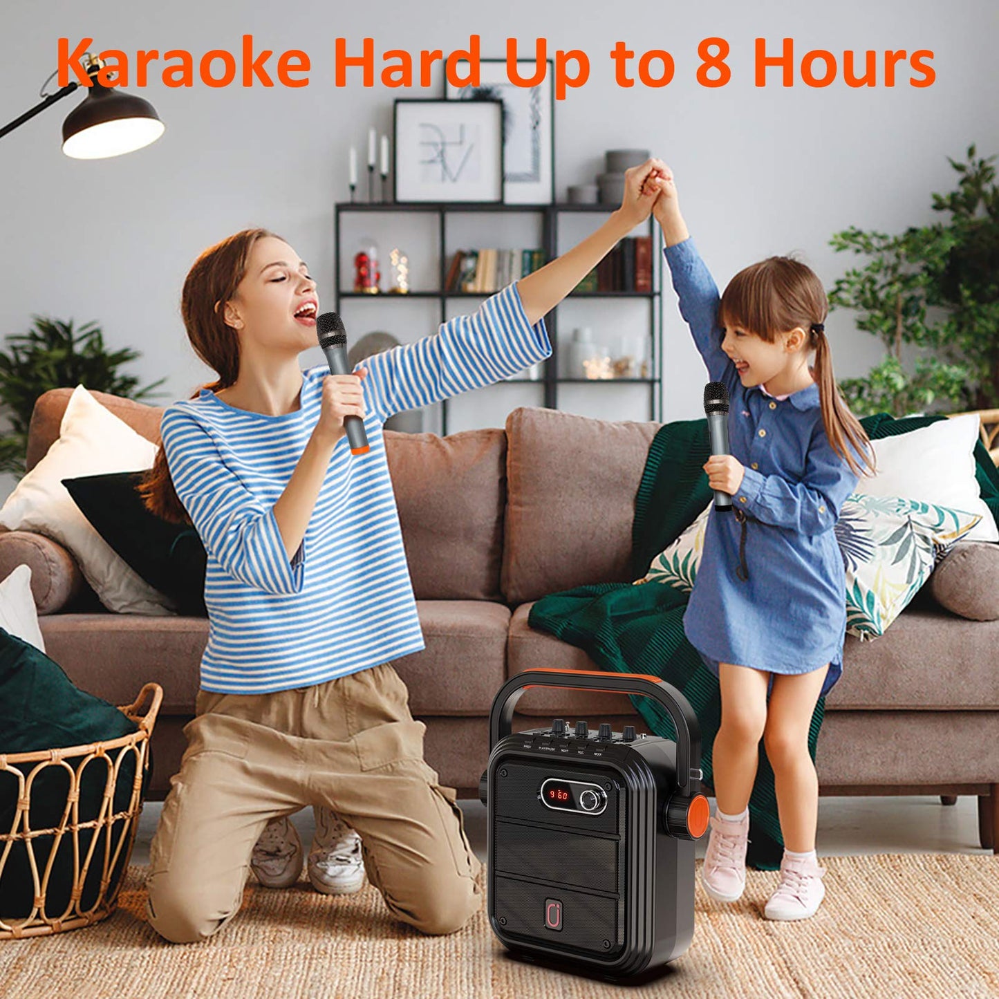 JYX Karaoke Machine with 2 Wireless Microphones, Portable Bluetooth Speaker PA System with Shoulder Strap, Subwoofer Support TWS, USB, Radio, AUX, REC, Bass&Treble for Home Party/Meeting/Adults/Kids