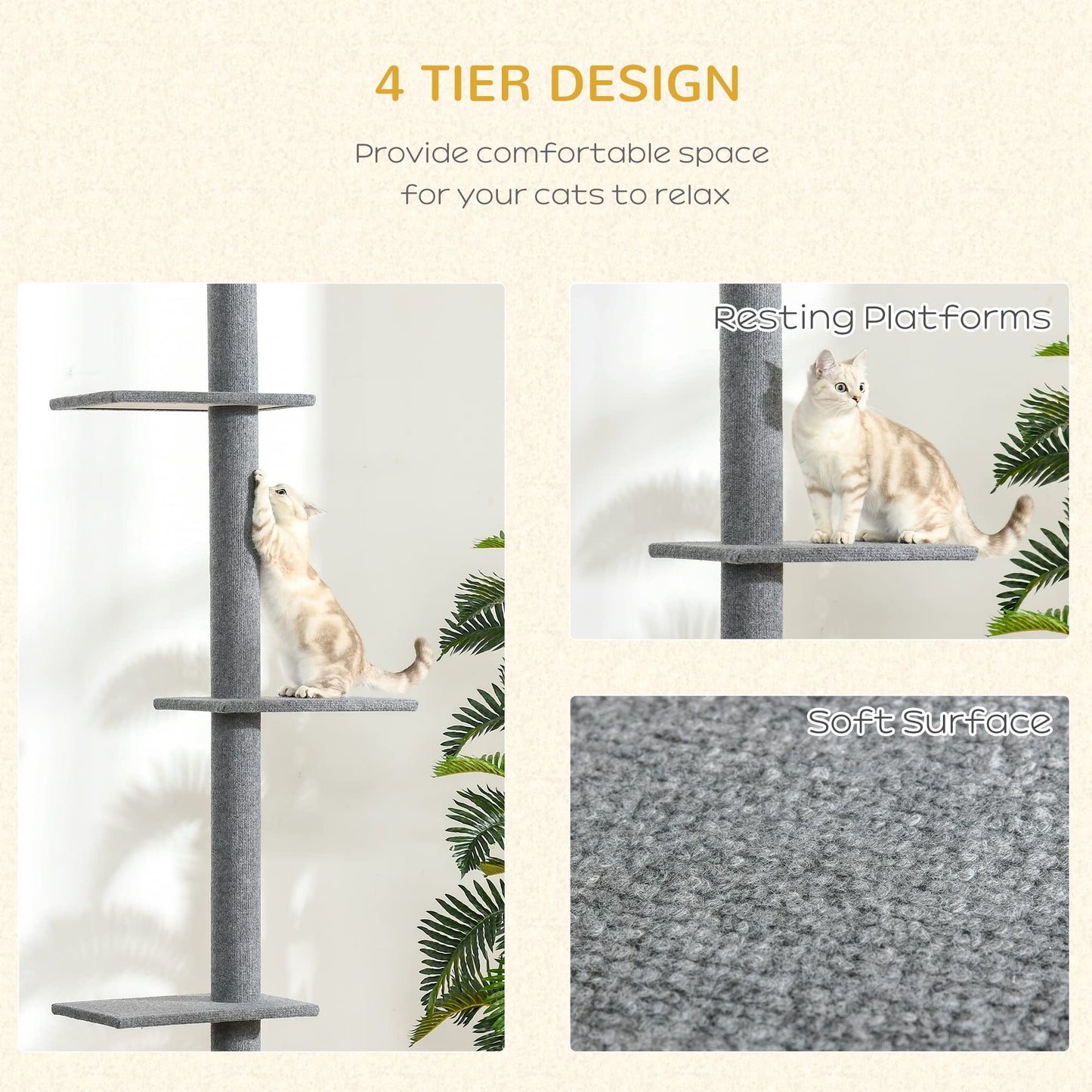 PawHut Floor-to-Ceiling Cat Tree Cat Climbing Tower with Sisal-Covered Scratching Posts Natural Cat Tree Activity Center for Kittens Cat Tower Furniture, Grey