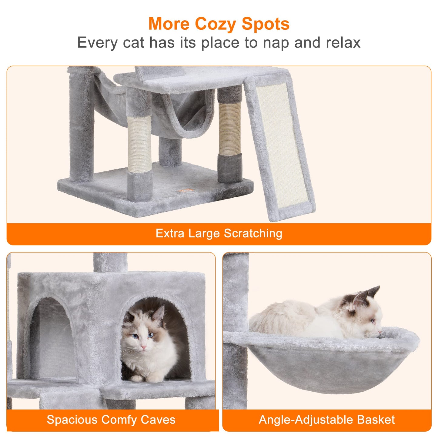 Heybly Cat Tree, Cat Tower for Indoor Cats, Multi-Level Cat Furniture Condo for Cats with Padded Plush Perch, Cozy Basket and Scratching Board, Light Gray HCT014W