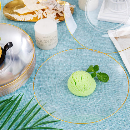 Nervure 100Pieces Clear and Gold Rim Plastic Plates - 7.5inch Disposabl Salad Dessert Plate - Clear and Gold Party Plates Ideal for Wedding & Party