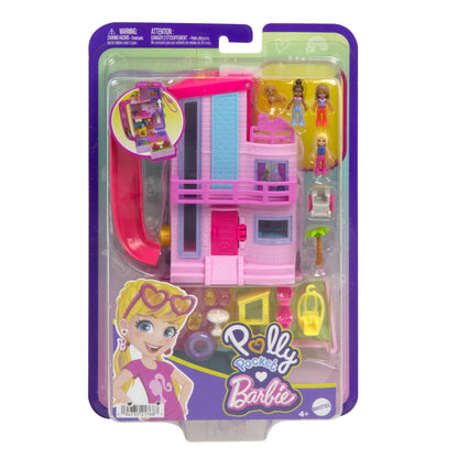 Polly Pocket Barbie Dreamhouse Compact, Dollhouse Playset with 3 Micro Dolls, 1 Puppy, 11 Accessories, Elevator & Pool
