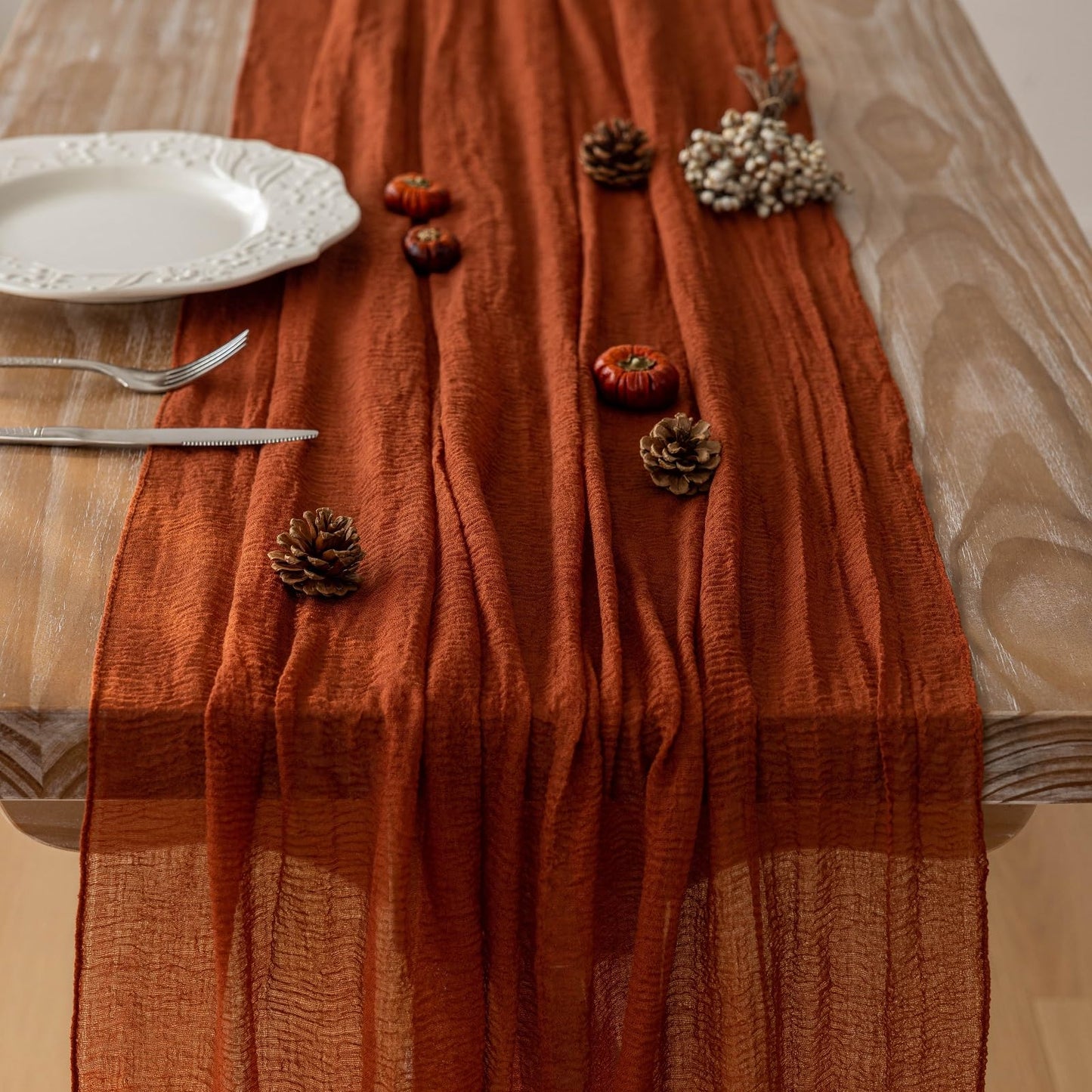 Keketo Fall Table Runner Terracotta Rust Gauze 120 Inch 10 FT Rustic Burnt Orange Cheese Cloth for Wedding Baby Bridal Shower Party Centerpiece Sheer Thanksgiving Fall Decorations for Home