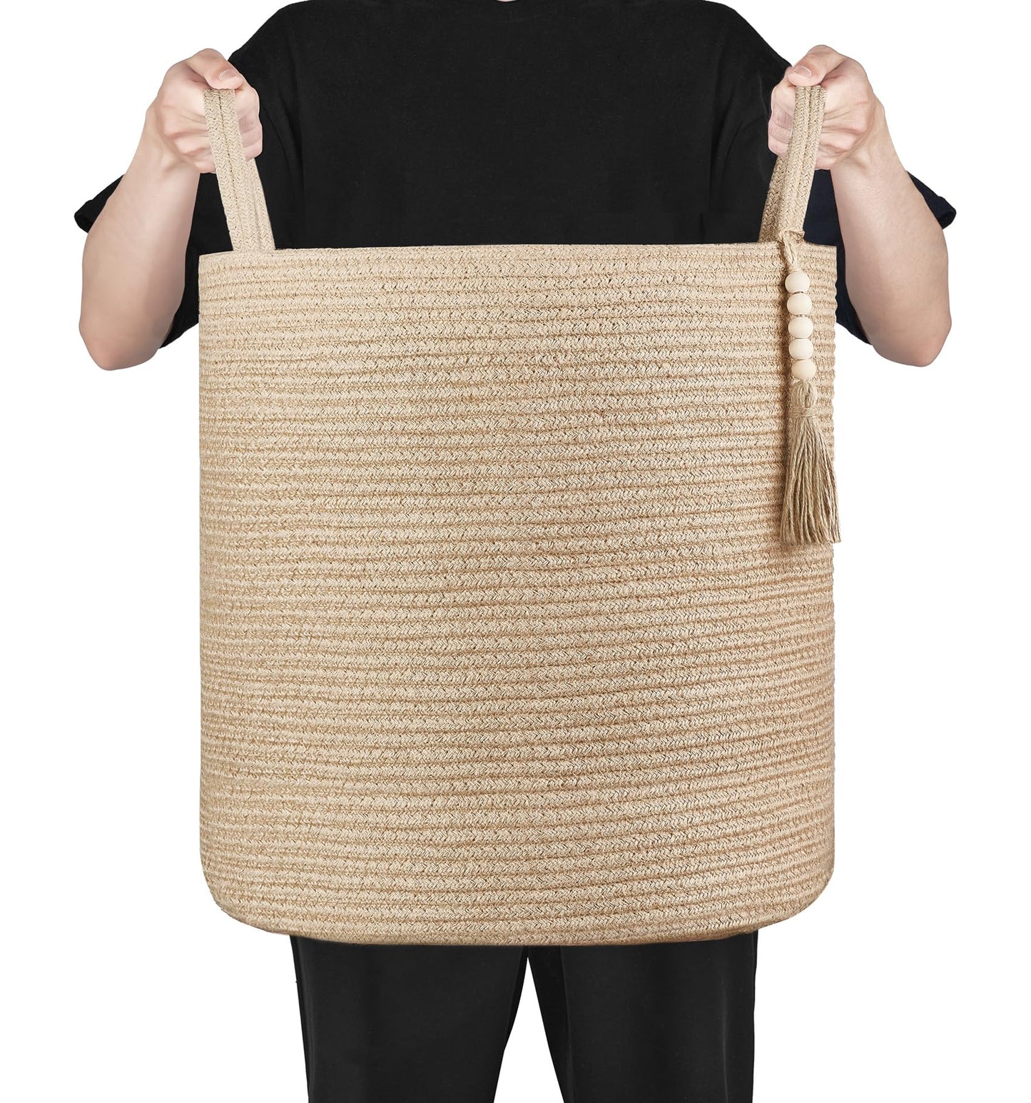 Mkono Tall Wicker Laundry Basket Woven Storage Basket Decorative Natural Rope Basket Wooden Bead Decoration for Blankets,Toys,Clothes,Shoes,Plant Organizer Bin with Handles Living Room 15" Wx17.7 L