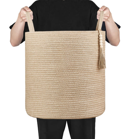 Mkono Tall Wicker Laundry Basket Woven Storage Basket Decorative Natural Rope Basket Wooden Bead Decoration for Blankets,Toys,Clothes,Shoes,Plant Organizer Bin with Handles Living Room 15" Wx17.7 L