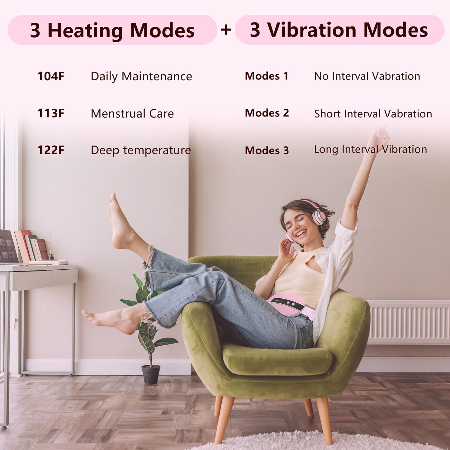 Portable Cordless Heating Pad, Heating Pad for Back Pain with 3 Heat Levels & 3 Vibration Massage Modes, Portable Electric Fast Heating Belly Wrap Belt for Women and Girl(Pink)