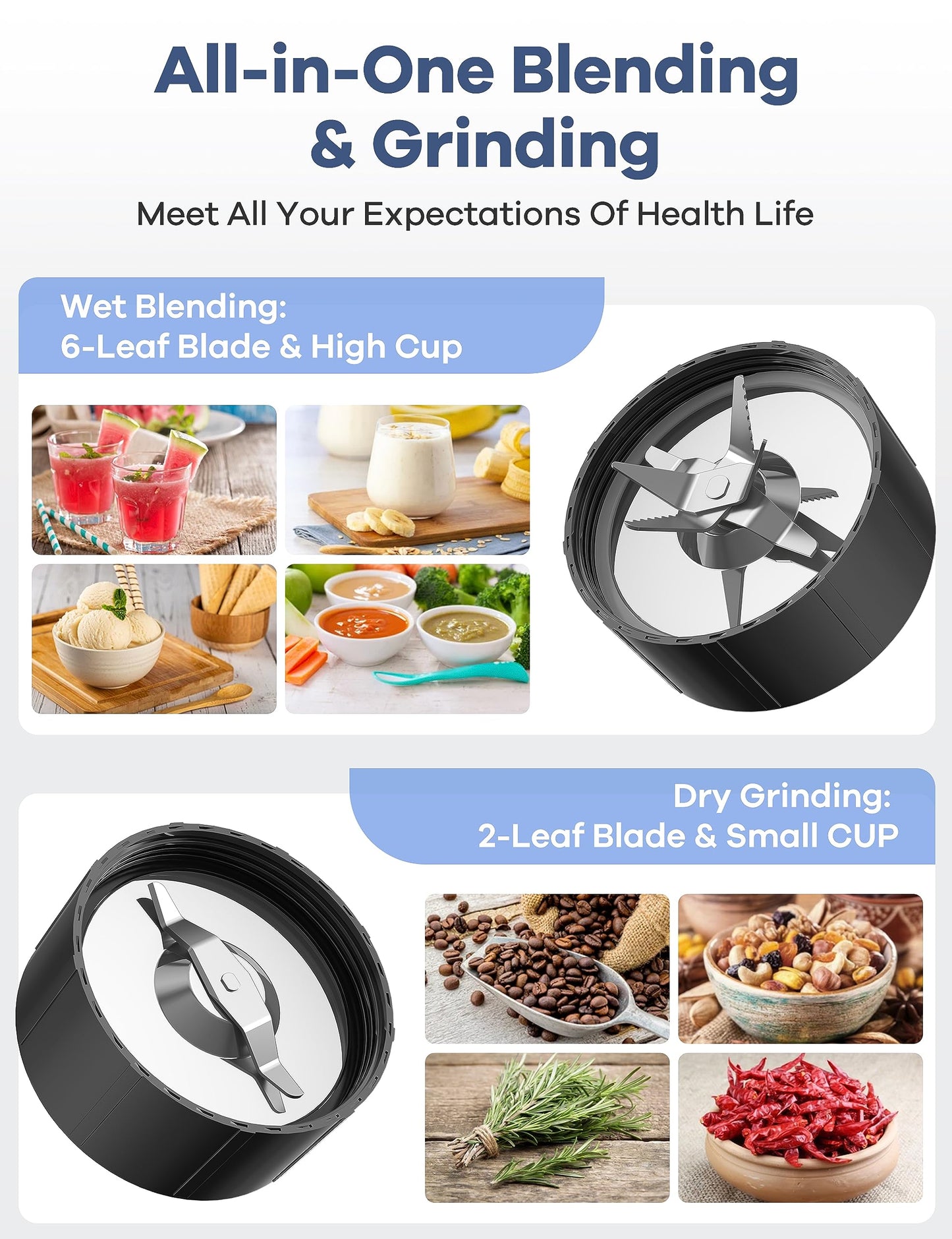 Ganiza Smoothie Blender, 900W Blenders for Shakes and Smoothies, 15-Piece Personal Blender and Grinder Combo for Kitchen, Smoothies Maker with 4 BPA-Free Portable Cup, Nutritious Recipe