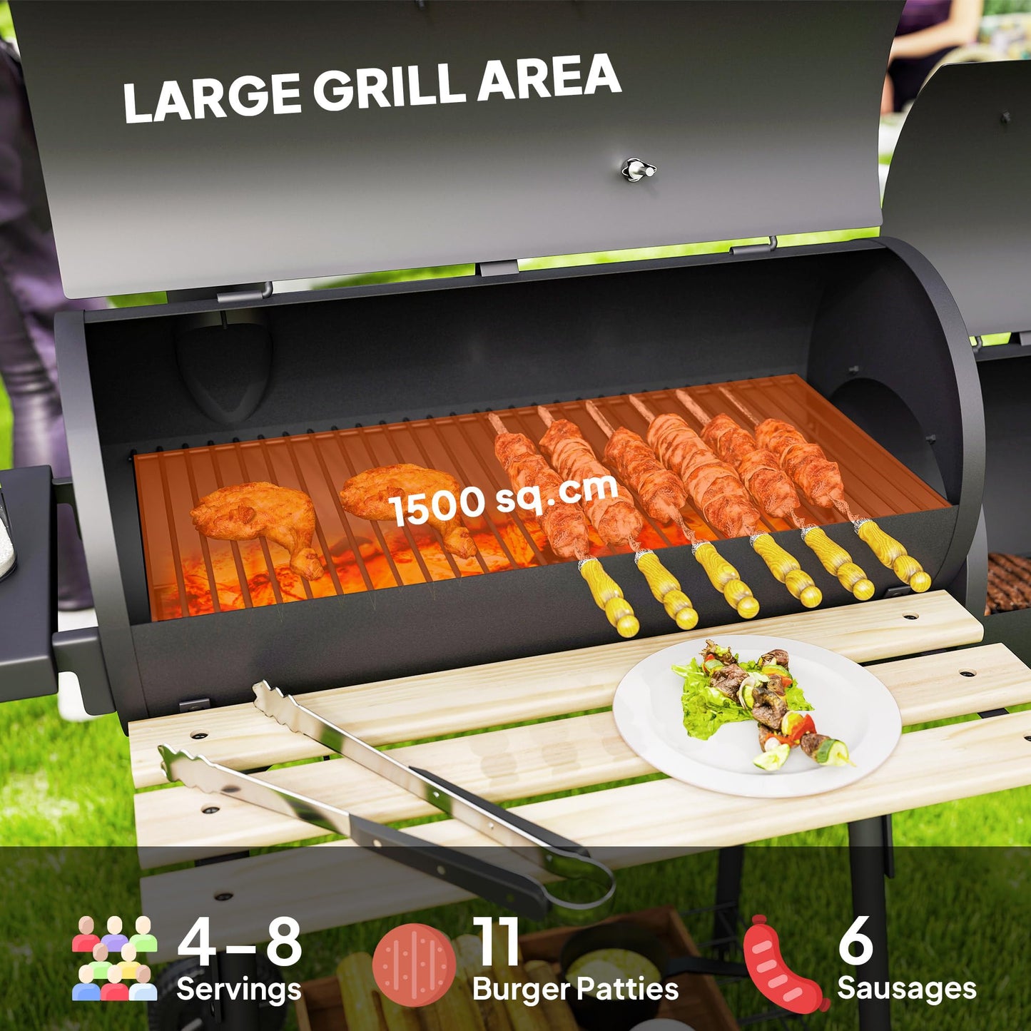 Outsunny 48" Portable Barrel Charcoal BBQ Grill, Steel Outdoor Barbecue Smoker with 232 Square Inches Cooking Space, Storage Shelf, Wheels for Garden Camping Picnic, Black