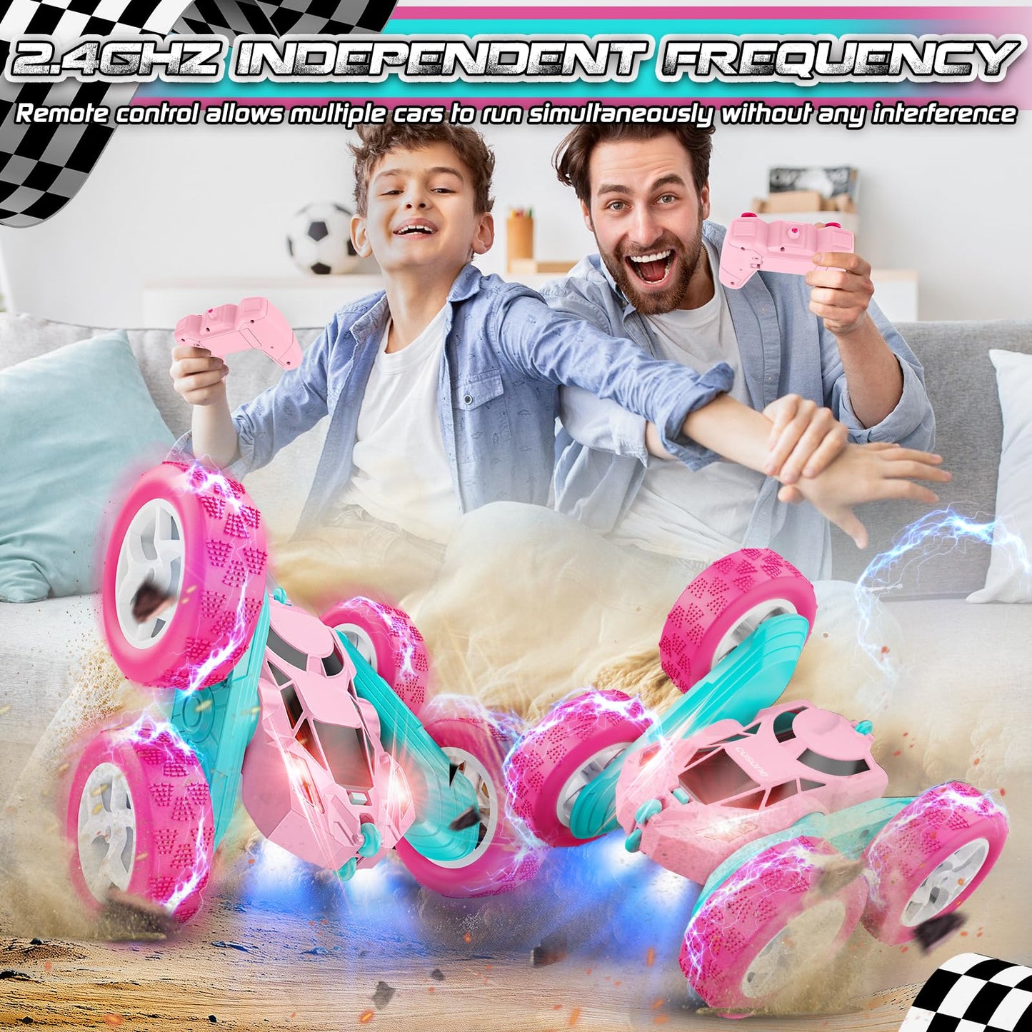 Pink Remote Control Car for Girls - RC Stunt Cars with 4WD Double-Sided Driving 360° Flips Rotating, Off Road Remote Car Outdoor Toys for Kids Age 6 7 8-12, Christmas Birthday Gifts