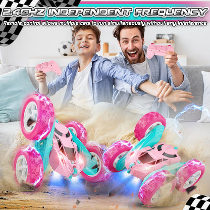 Pink Remote Control Car for Girls - RC Stunt Cars with 4WD Double-Sided Driving 360° Flips Rotating, Off Road Remote Car Outdoor Toys for Kids Age 6 7 8-12, Christmas Birthday Gifts
