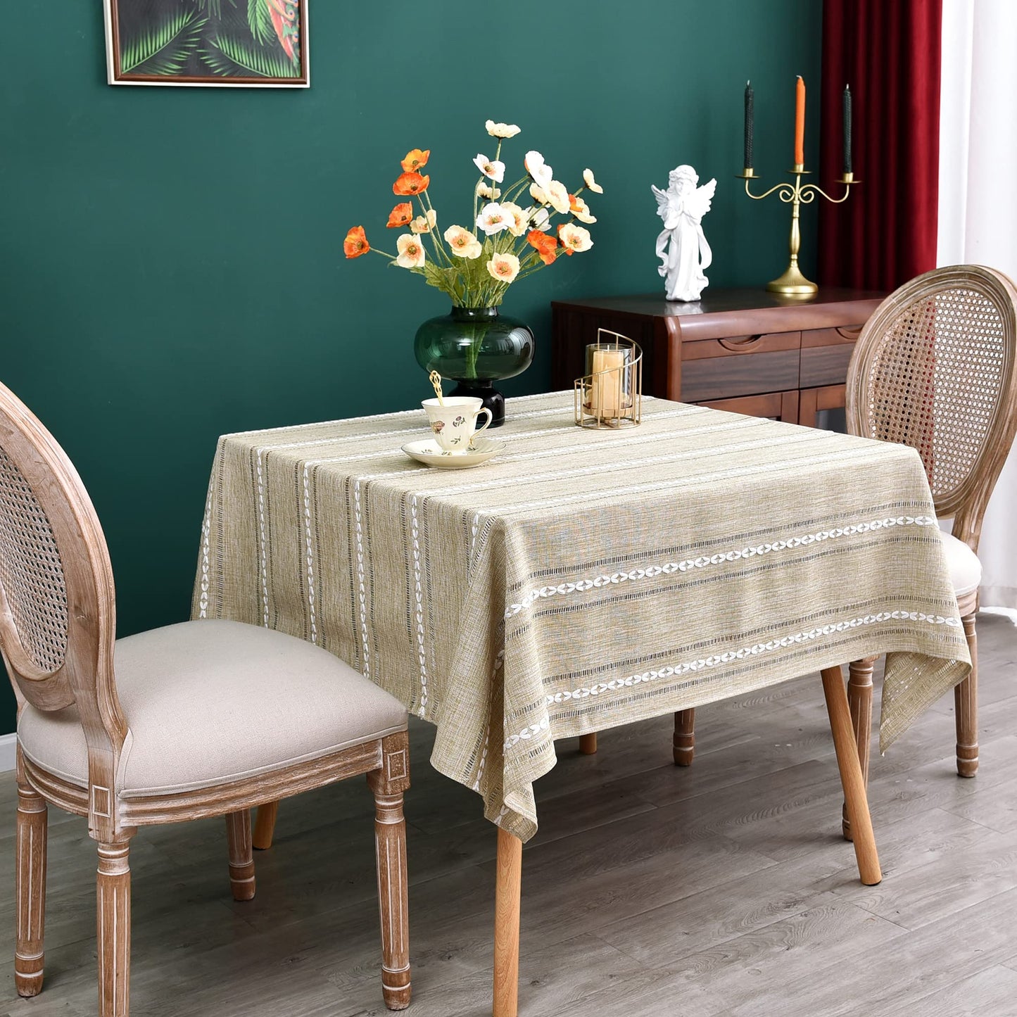 NEWISHER Rustic Farmhouse Embroidered Square Tablecloth Jacquard Striped Table Cloth Linen Washable Dining Table Cover Kitchen Dining Home Decoration Yellow 70x70 inch