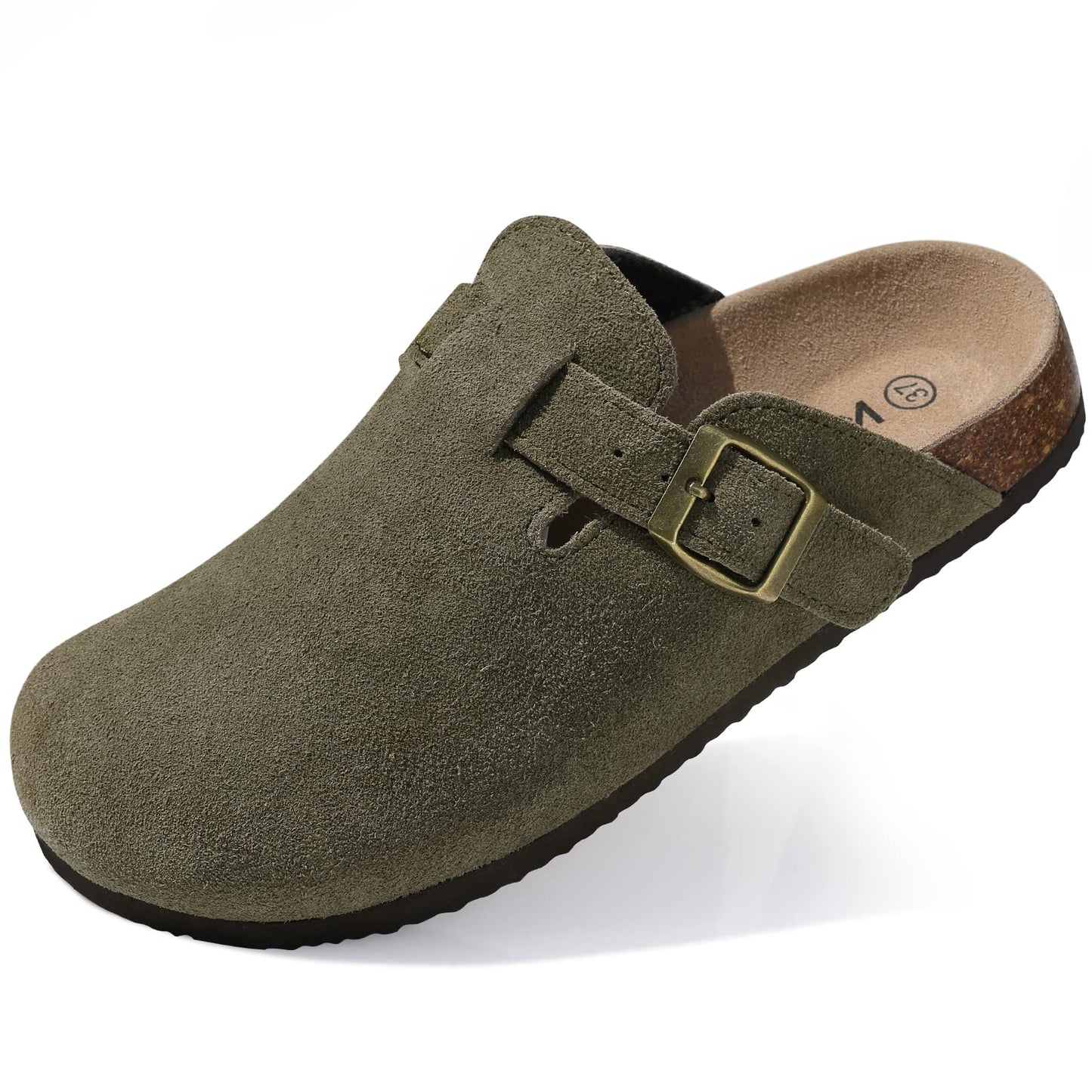 KIDMI Women's Genuine Suede Clogs Cork Footbed Sandals Leather Mules Potato Shoes with Arch Support Army Green 36 (Size 5.5-6)