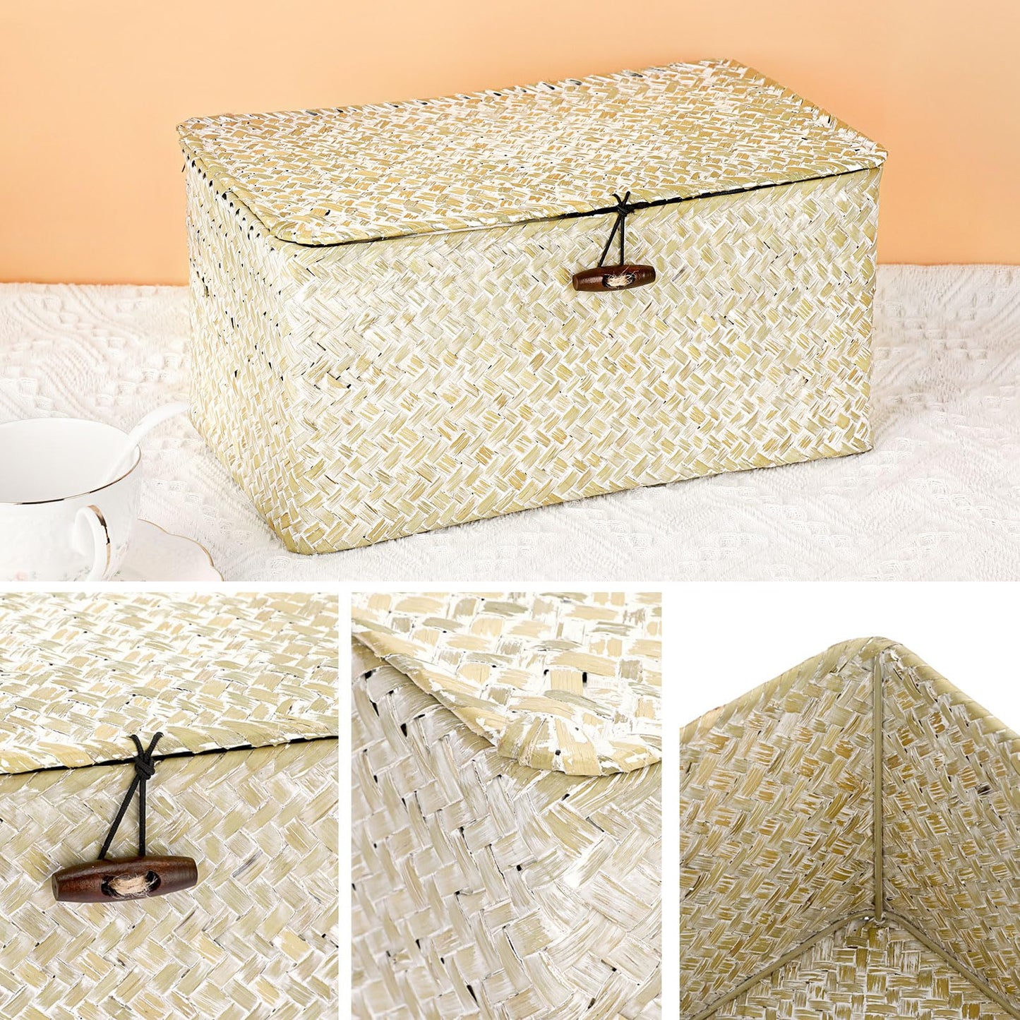 Hipiwe Seagrass Storage Basket Bins with Lid, Handwoven Wicker Shelf Baskets Bin Rectangular Household Basket Organizer Boxes for Shelf Closet Bedroom Home Decor, Whitewash Medium