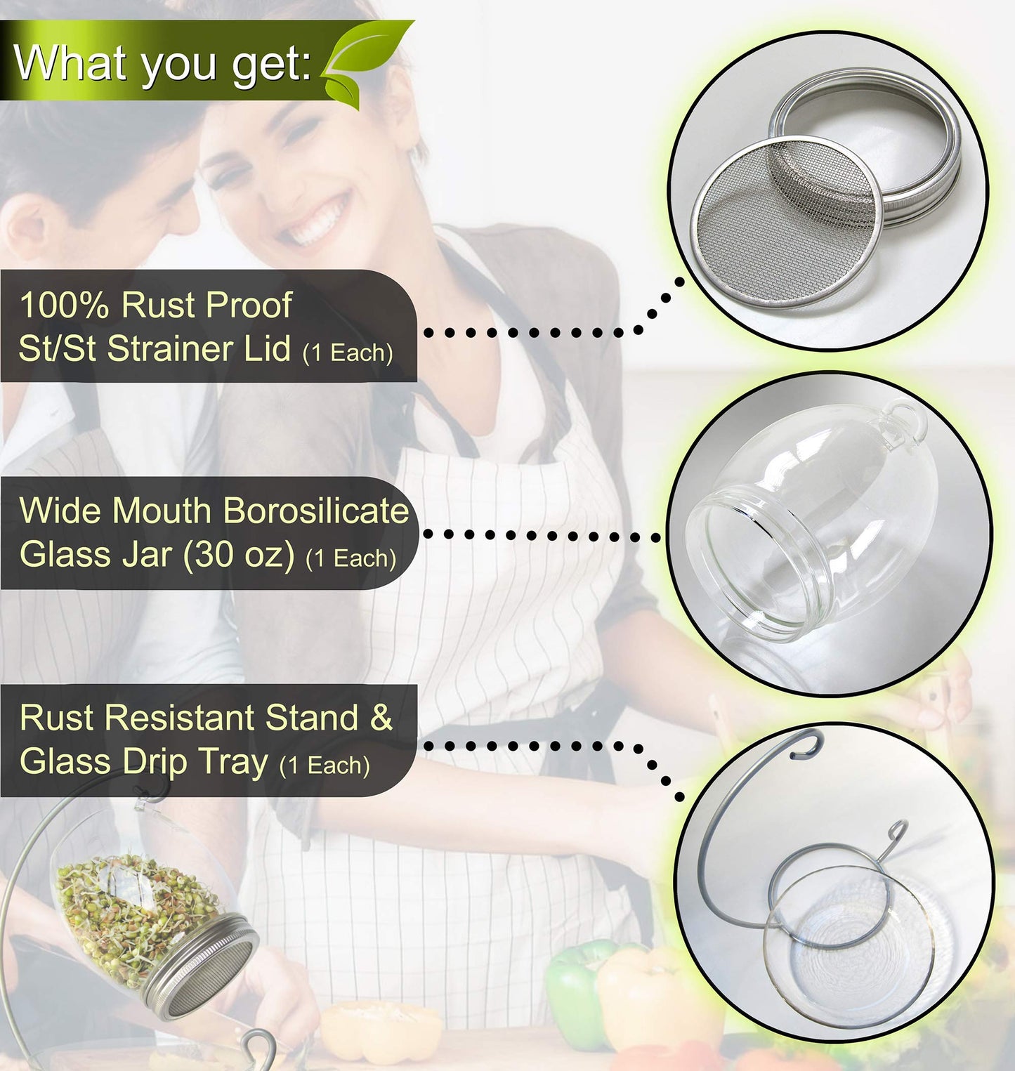 ALCEDIA Premium Sprouting Jar Kit - Unique 30 oz Wide Mouth Sprouting Jar, Stand, Tray and 316 Stainless Screen Lid | Decorative Indoor Seed Sprouter and Germinator (1 Kit)
