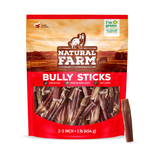 Natural Farm Odor Free Bully Sticks (2-3 Inch, 1 Pound) for Small & Medium Dogs - 100% Beef Chews for Pups, Non-GMO, Grain-Free, Fully Digestible Long Lasting Dog Treats