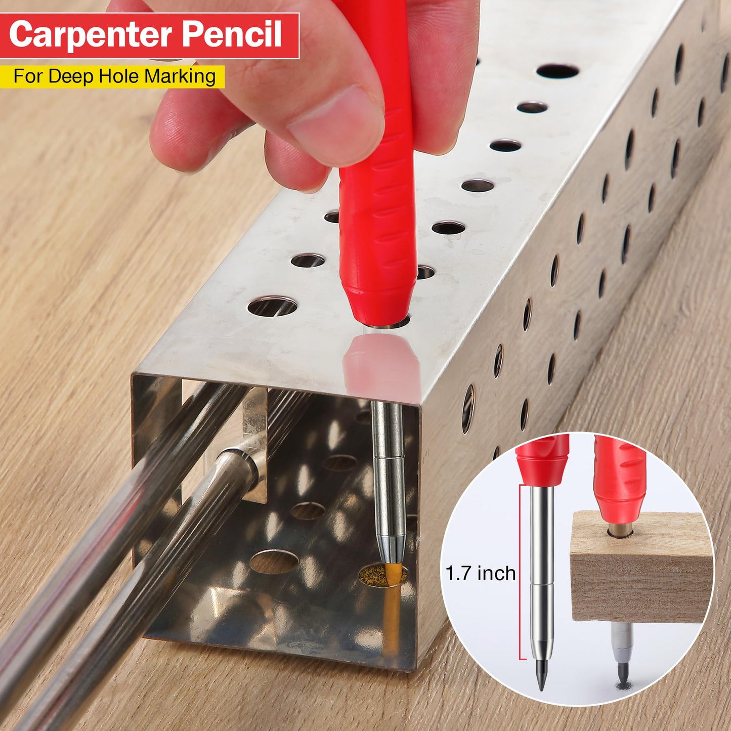 Hiboom 2 Pack Solid Carpenter Pencil with 14 Refill, Long Nosed Deep Hole Mechanical Pencil Marker with Built-in Sharpener for Carpenter Woodworking Architect with Design Patent (Black, Red)