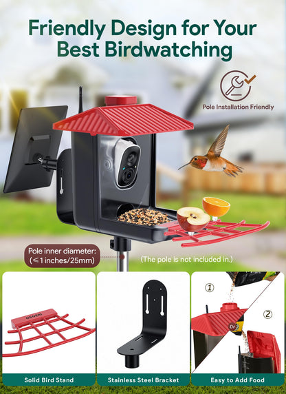 Osoeri Bird Feeder with Camera, Smart AI Identify Wild Bird Feeders Camera, 1080P Auto Capture Bird's Video & Motion Detection, with DIY Add-ons & Hummingbird Feeder, Gifts for Bird Lover (Red Black)