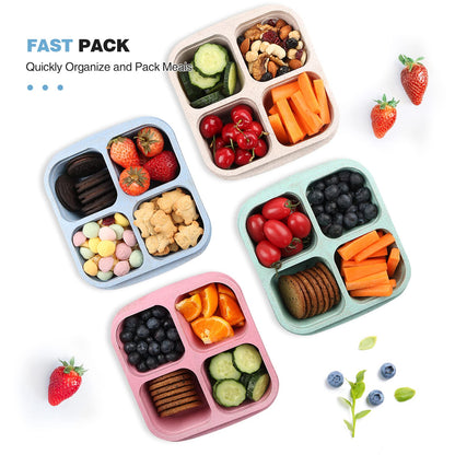 Lvcksturoge 4 Pack Snack Containers, 4 Compartments Bento Snack Box, Reusable Meal Prep Lunch Containers for Kids Adults, Divided Food Storage Containers for School Work Travel