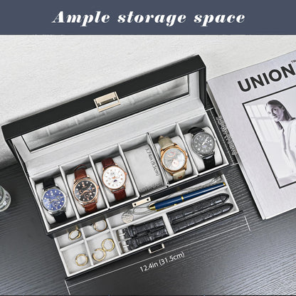 ProCase Watch Box for Men, 6 Slot Watch Display Case with Drawer, Mens Watch Case With Glass Lid, 2-Layer Jewelry and Watch Storage Watch Holder Organizer for Men Women -6 Slot, Black