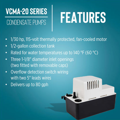Little Giant VCMA-20ULS 115 Volt, 80 GPH, 1/30 HP Automatic Condensate Removal Pump for HVAC/Refrigeration Systems/Dehumidifiers with Overflow Detection Switch and 6-Foot Cord, White/Black, 554425